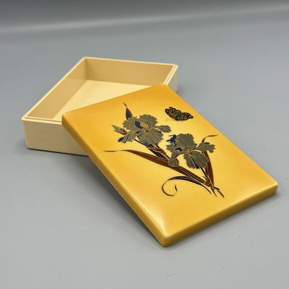 Plastic Celluloid Vanity Trinket Box Rectangle Yellow Irises Butterfly Kitschy - Picture 1 of 11